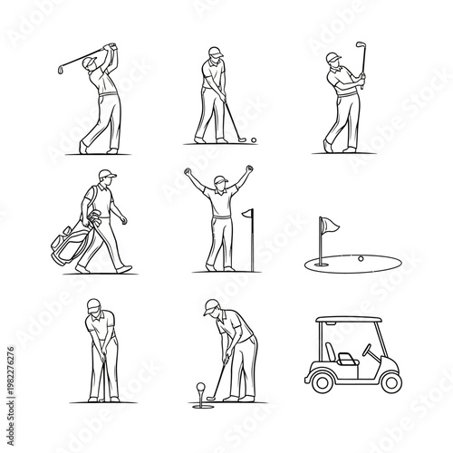 Golfers and Golf Cart Line Art Icons: Diverse Actions and Poses
