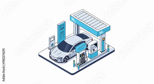 Isometric Vector of Hydrogen Fuel Cell Car at H2 Refilling Station; Sustainable Green Energy and Future Eco-Friendly Transportation Concept