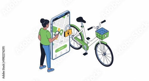 Isometric Illustration of a Woman Unlocking a Shared Bicycle via Smartphone Mobile App