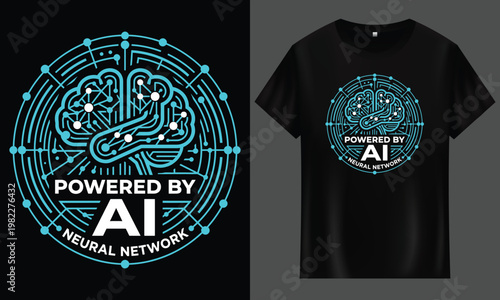 Ai brain neural network powered circular design t shirt graphic with artificial intelligence technology robotics cyberpunk computer intelligence innovation