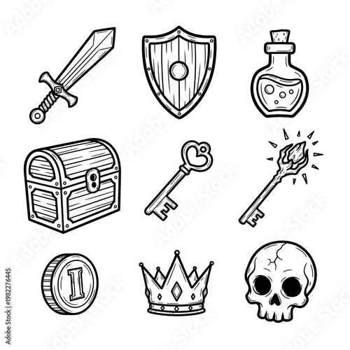 Fantasy Game Icons: Sword, Shield, Potion, Chest, Key, Staff, Coin, Crown, Skull