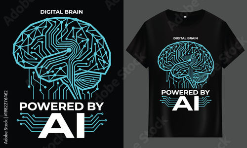 Digital brain AI powered technology t shirt design concept with artificial intelligence neural network technology robotics cyberpunk computer intelligence abstract
