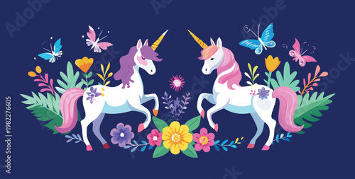 Two white unicorns with pink and purple manes and tails surrounded by colorful flowers and butterflies on dark blue background