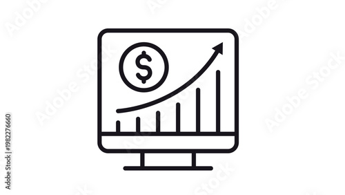 Photos Minimalist black vector icon illustration of a computer monitor showing a financial growth bar chart with an upward arrow and a dollar sign, symbolizing business profit, market analysis, and success