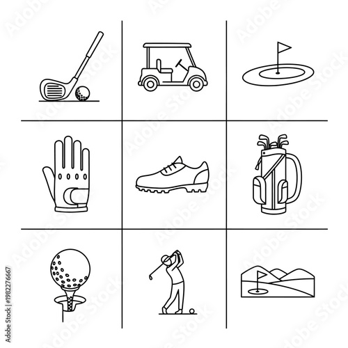 Golf Icons Set: Club, Ball, Cart, Shoe, Glove, Bag, Player, Course
