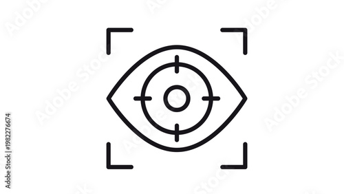 Biometric iris scan and eye tracking vector icon illustration. Minimalist black line symbol of a human eye with target crosshairs and corner frame brackets for security and surveillance.