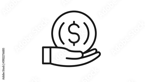 Minimalist black line vector icon of a hand holding a large dollar coin, symbolizing finance, investment, savings, profit, donation, and payment concepts, clean scalable graphic illustration.