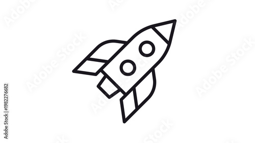 Minimalist black line art vector icon of a rocket ship launching into space, representing a startup business launch, speed, technology, and exploration, isolated on a white background.