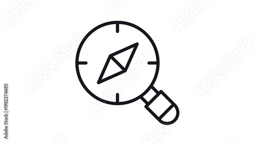 Magnifying glass with compass needle vector icon illustration, representing search, exploration, navigation, and discovery in a minimalist black line style for web and app design interfaces.