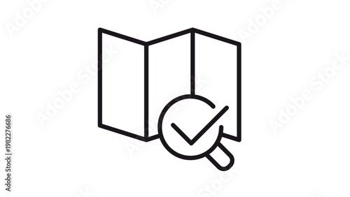 Black line vector icon of a folded paper map with a magnifying glass and checkmark symbol, representing location search, travel destination verification, navigation confirmation, and discovery.