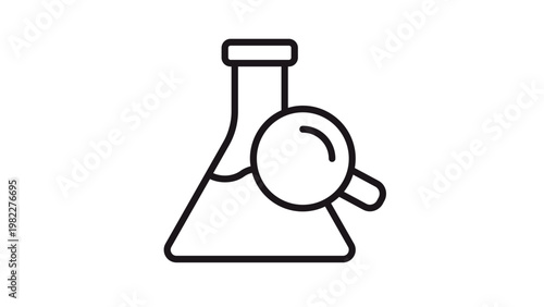 Minimalist black vector icon illustration of a conical laboratory flask with a magnifying glass, symbolizing scientific research, chemical analysis, laboratory testing, and discovery.
