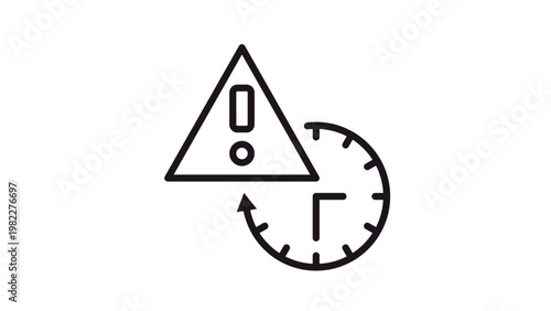 Black vector icon illustration of a warning triangle with an exclamation mark and a clock with a circular arrow, representing urgent deadlines, time alerts, history, or system warnings.