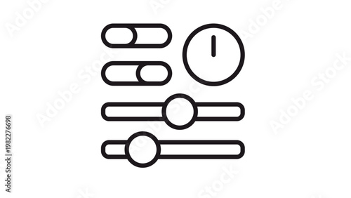 Minimalist black line vector icon illustration of user interface controls, including toggle switches, a clock timer, and horizontal adjustment sliders for web and mobile app settings dashboard.