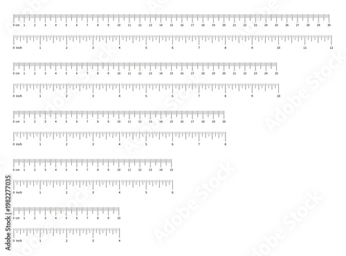 Measuring chart with 4 inch, 6 inch, 8, 10 inch, 12 inch. Collection of ruler scale 100mm, 150 mm, 200 mm, 250, 300mm with numbers. Measuring chart with 10cm, 15cm, 20 cm, 25cm, 30 centimeters.
