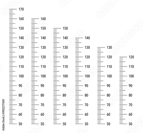 Kids height chart from 50 cm to 120, 130, 140, 150, 160 and 170 centimeters. Meter wall or growth ruler. Wall growth 120 cm, 130 cm, 140 cm, 150 cm, 160 cm and 170 cm sticker isolated.