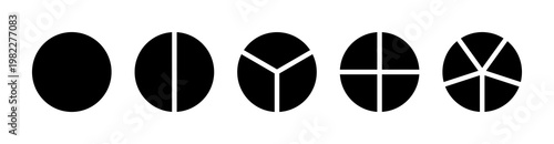 Coaching blank mockup. Circle division from 1 to 5 black equal parts. Pizza, pie chart layout. Wheel round divided diagrams from one to five segments. Infographic minimalist icons collection.