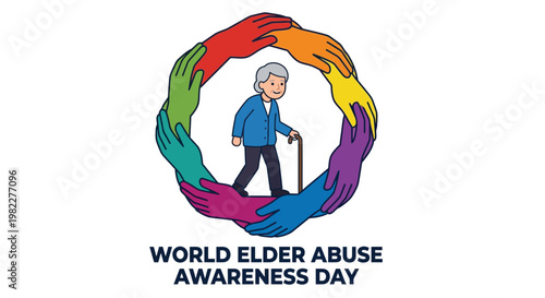 Elderly woman walking within a circle of colorful supporting hands