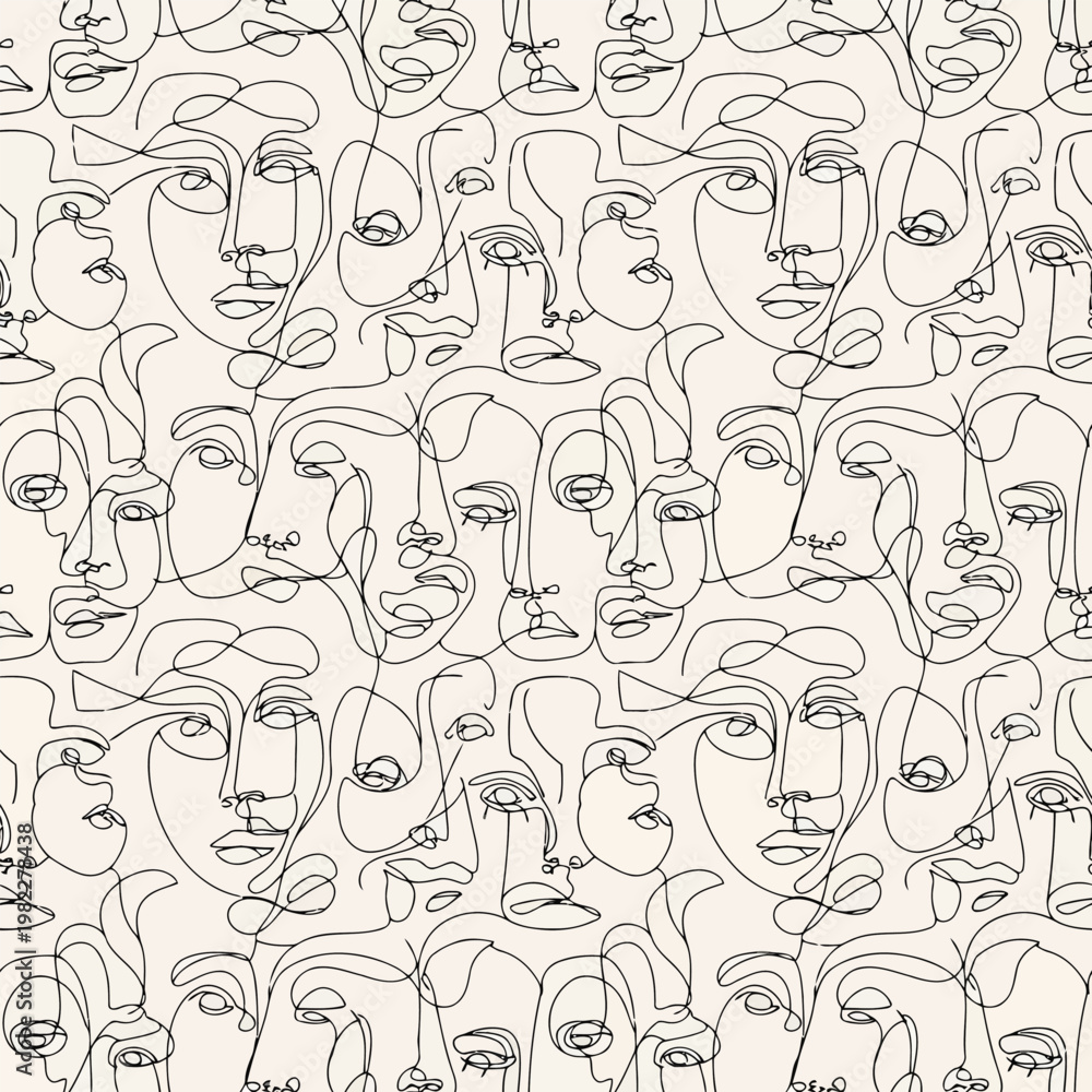 Fototapeta premium A seamless pattern of multiple faces drawn in a simple line art style with leaves and flowers incorporated into the design on a white background.