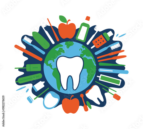 A colorful illustration of the Earth surrounded by various dental hygiene products and healthy snacks.