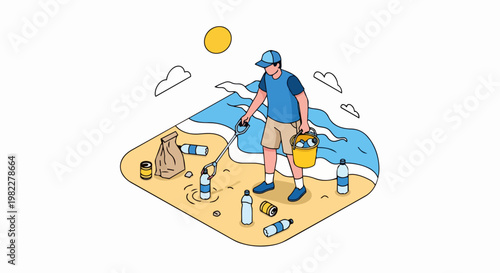 Isometric Illustration of a Man Cleaning Up Plastic Waste and Trash on a Beach, Environmental Conservation and Ocean Protection Concept