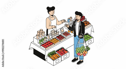 Sustainable Shopping Concept: Man with Reusable Bag Buying Organic Produce at a Farmers Market Stall, Isometric Vector Illustration