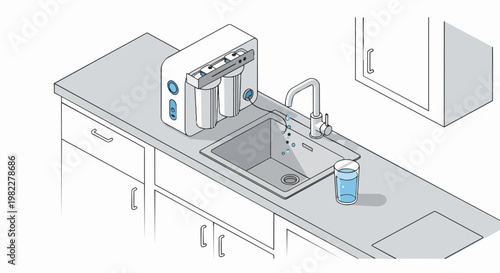 Isometric Kitchen Water Filtration System Illustration - Pure Drinking Water Filter for Home Use