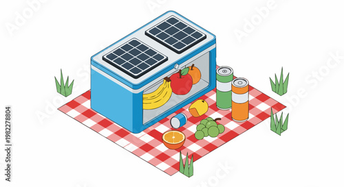 Isometric Solar Powered Portable Picnic Cooler with Fresh Fruits and Drinks