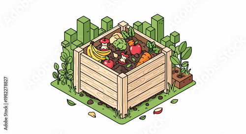Isometric Illustration of a Wooden Compost Bin with Organic Food Waste and Vegetable Scraps for Sustainable Gardening and Zero Waste Lifestyle Concept