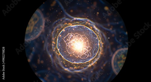 Cellular structure appears under a microscopic lens with glowing organelles and intricate biological pathways visible within a dark circular field of view.