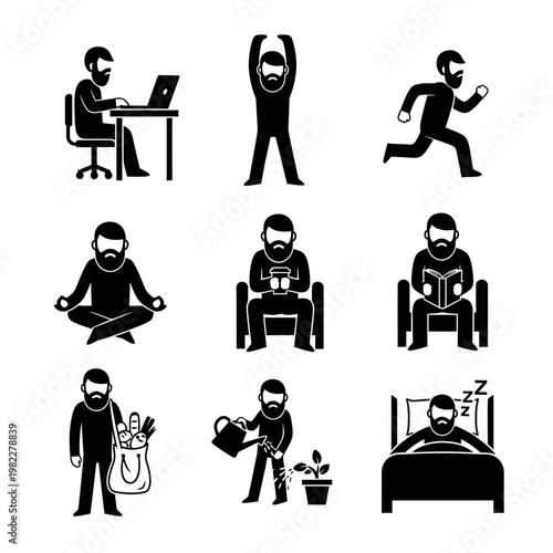 Man's Daily Routine: Work, Exercise, Relaxation, Hobbies, and Sleep