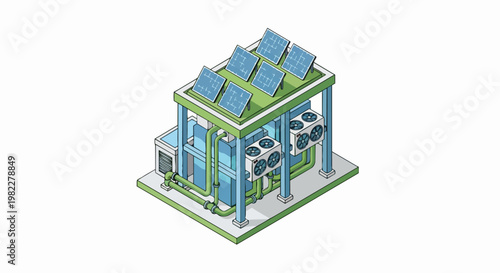 Isometric Green Energy Industrial Station with Solar Panels and Cooling Units