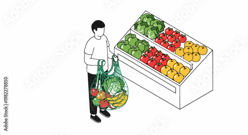 Isometric Illustration of a Man Shopping for Fresh Produce with a Reusable Mesh Bag in a Supermarket, Eco-Friendly and Zero Waste Concept