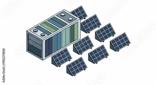 Isometric Solar Energy Storage System with Battery Container and Solar Panel Array, 3D Illustration for Renewable Green Technology and Sustainable Power Infrastructure