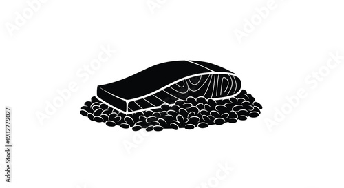A stylized black and white illustration depicts a salmon fillet resting on a bed of caviar