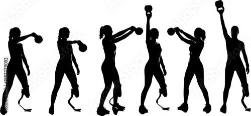 Adaptive Athlete with Prosthetic Leg Performing Kettlebell Swing Silhouette, Inclusive Fitness and Para-Athlete Strength Training Vector, Gym Workout Empowerment
