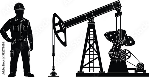 Oil Industry Silhouette Featuring Petroleum Engineer Standing Next To Pump Jack Rig For Energy Production Fossil Fuel Extraction And Industrial Design