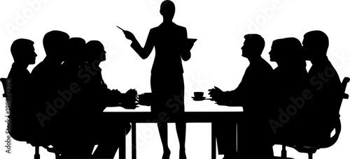 Female Business Executive Giving Presentation with Digital Tablet Silhouette, Corporate Leadership and Marketing Strategy Meeting Vector, Professional Woman Speaking