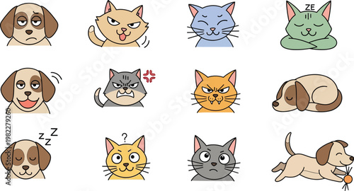 A collection of cute cartoon animal heads featuring a set of funny cats and pets like a baby tiger, pig, and fox in a vector illustration design