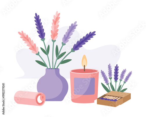 A serene still life arrangement featuring a lit candle, vase with lavender flowers, and matchbox on a clean white background.