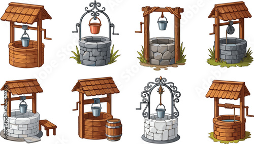 Collection of rustic water wells with wooden roofs and stone bases, village outdoor structures, traditional countryside elements vector illustration set