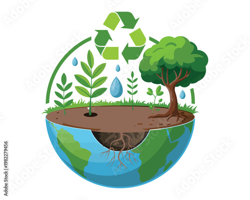 An illustration of the Earth with a tree and plants growing out of it, surrounded by a recycling symbol and water droplets, representing environmental conservation and sustainability.