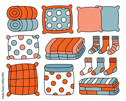 A colorful illustration of various bedding and clothing items, including blankets, pillows, and socks, in shades of orange, blue, and white.
