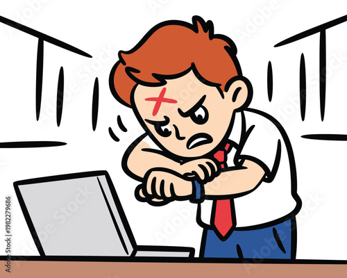 A stressed businessman with a headache sitting at his desk in front of a laptop computer