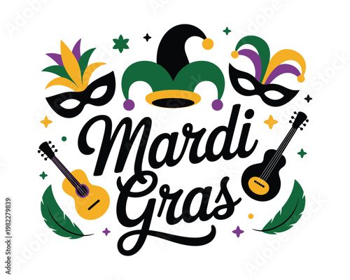 A colorful Mardi Gras graphic with masks, hats, and guitars on a white background