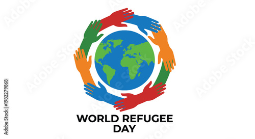 Hands of diverse colors encircling earth representing world refugee day
