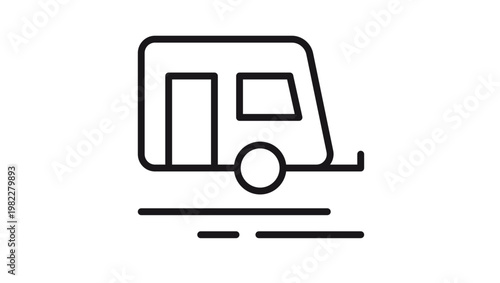 Minimalist black line vector icon of a travel trailer caravan for camping and road trip adventures, featuring a simple silhouette design with a door, window, and wheel on a white background.