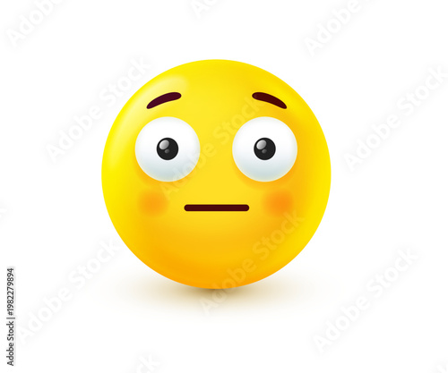 3d emoji with wide open eyes and straight mouth. Vector illustration of surprised, shocked or embarrassed character. Emoticon face with blushing pink cheeks for social media, chat reaction