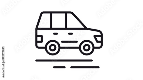 Minimalist black line art vector icon of a modern SUV or off-road vehicle in profile view. Scalable graphic illustration of a sport utility vehicle for transportation, travel, and automotive.