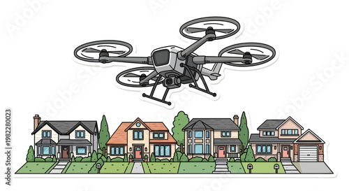 Drone flying over suburban neighborhood homes with gardens