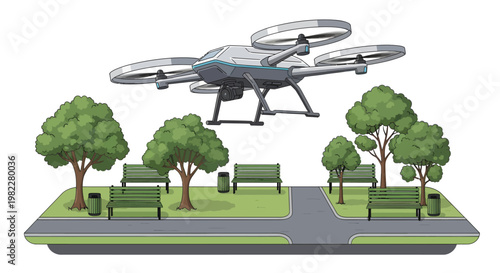 Drone flying over park with trees and benches illustration